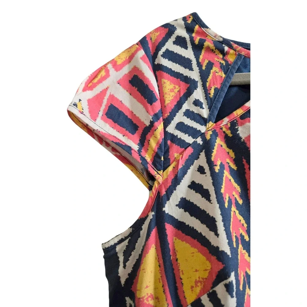 Adrianna Papell Chic Tribal Print Sheath Dress Geometric Cutout Cap Sleeve Sz 12